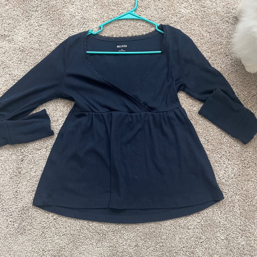 Hollister Navy Long Sleeve Wrap-Front Babydoll Top